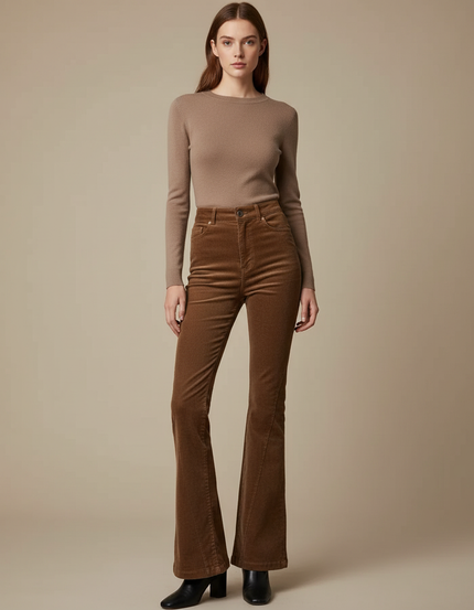 Pantalon Patte D'Éléphant Marron Côtelé Ajusté Évasé Rétro - Cordé