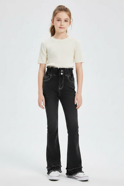 Pantalon Patte D'Éléphant Noir Denim Taille Haute Évasé Fille - Jean