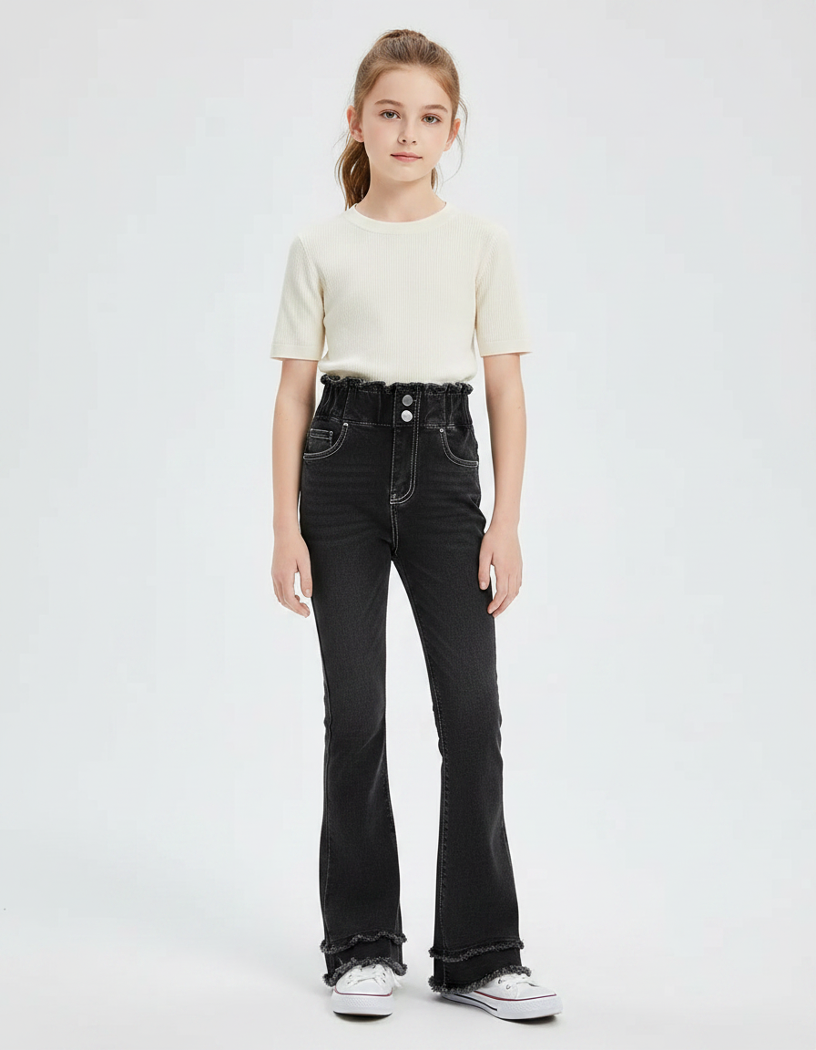 Pantalon Patte D'Éléphant Noir Denim Taille Haute Évasé Fille - Jean