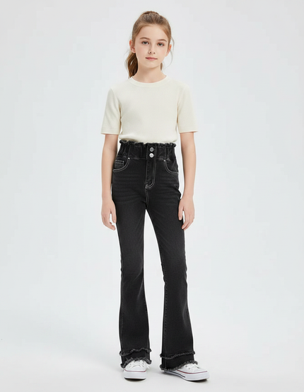 Pantalon Patte D'Éléphant Noir Denim Taille Haute Évasé Fille - Jean
