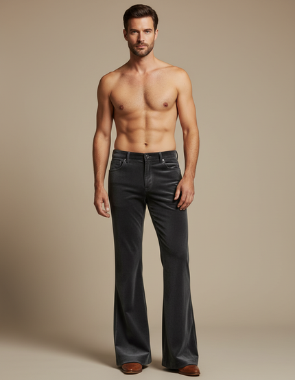 Pantalon Patte D'Éléphant Velours Côtelé Gris Évasé Homme Décontracté - Cordé