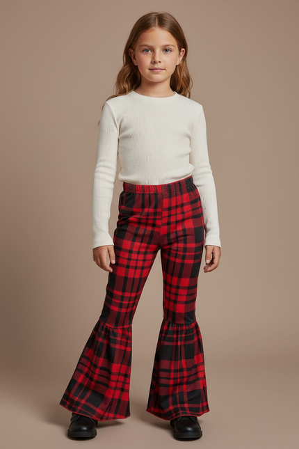 Pantalon Patte D'Éléphant Écossais Rouge Noir Confortable Fille - Multicolore Molleton