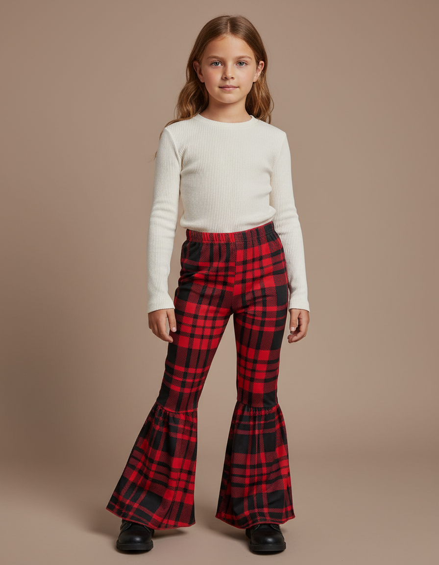 Pantalon Patte D'Éléphant Écossais Rouge Noir Confortable Fille - Multicolore Molleton