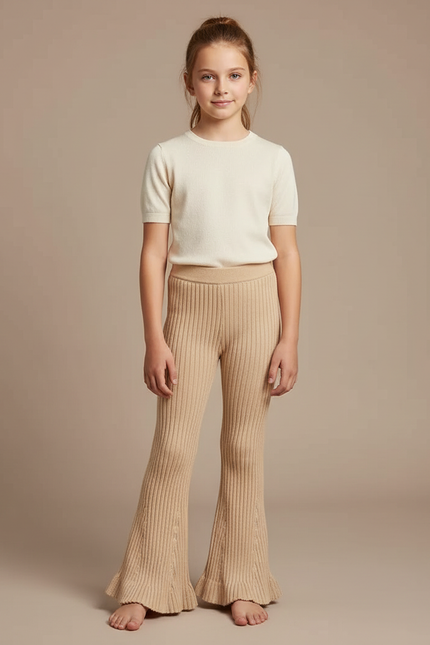 Pantalon Patte D'Éléphant Côtelé Beige Évasé Volants Enfant - Maille