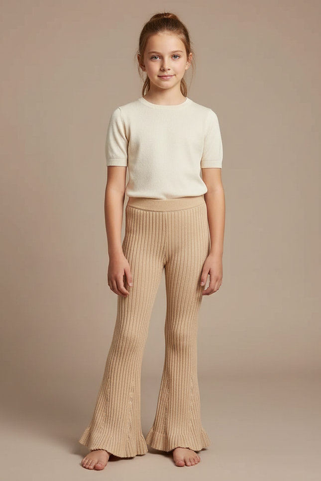 Pantalon Patte D'Éléphant Côtelé Beige Évasé Volants Enfant - Maille
