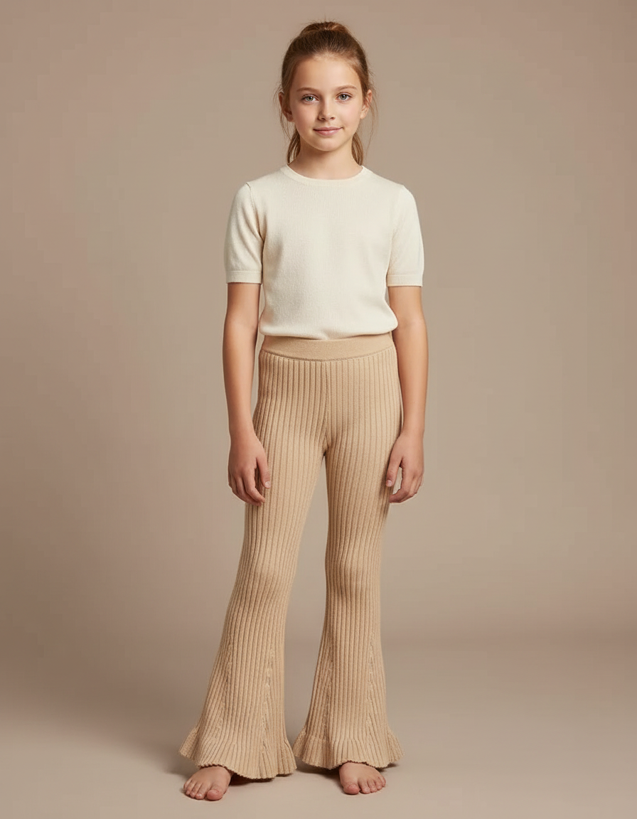 Pantalon Patte D'Éléphant Côtelé Beige Évasé Volants Enfant - Maille