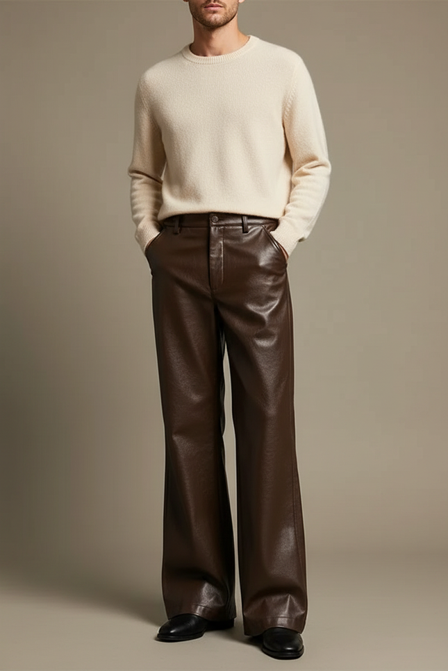 Pantalon Patte D'Éléphant Marron Cuir Large Élégant Homme