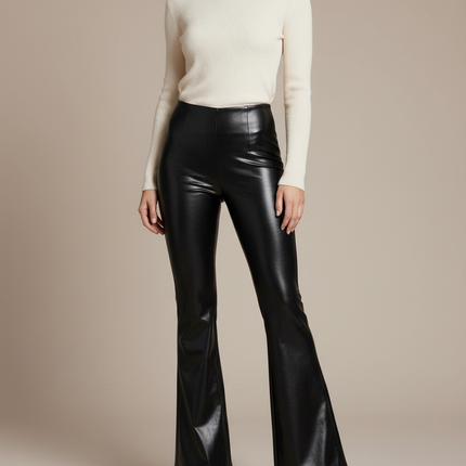 Pantalon Patte D'Éléphant Noir Similicuir Taille Haute Évasé - Simili cuir