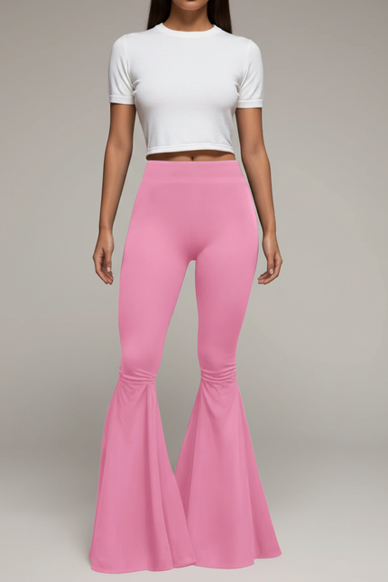 Pantalon Patte D'Éléphant Rose Taille Haute Évasé Moulant - Polyester