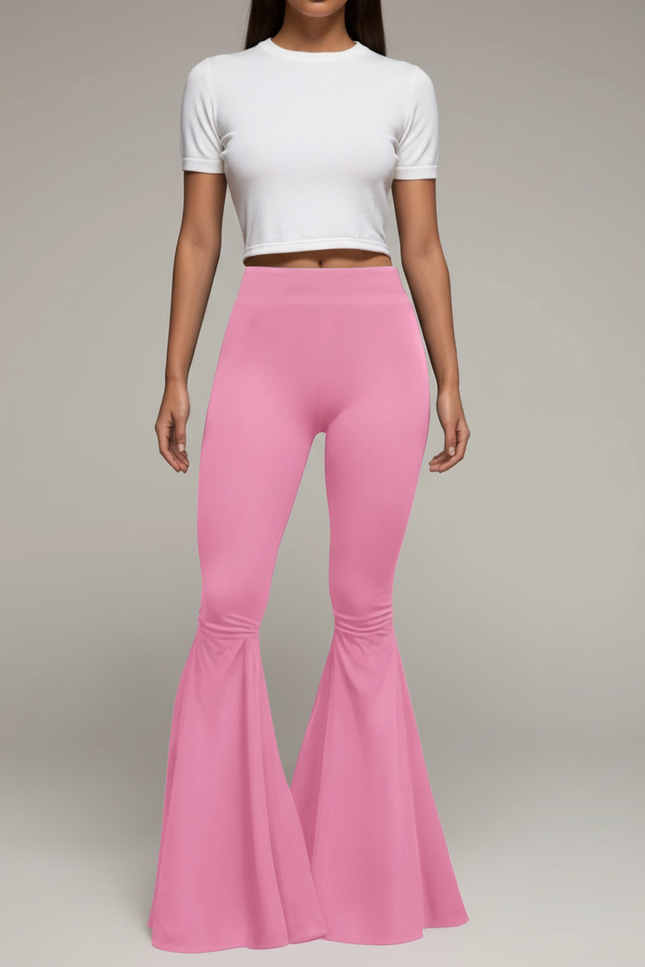 Pantalon Patte D'Éléphant Rose Taille Haute Évasé Moulant - Polyester