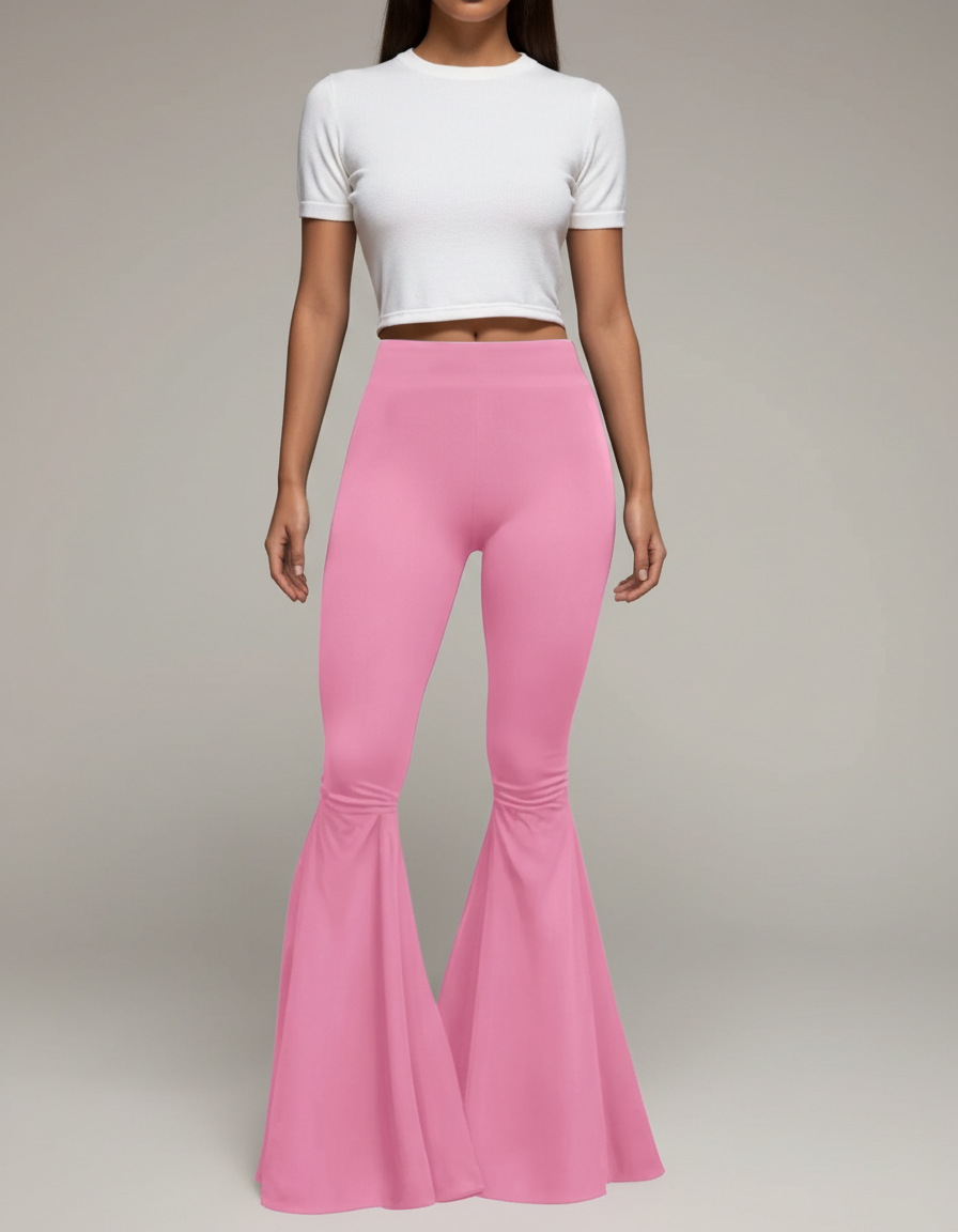 Pantalon Patte D'Éléphant Rose Taille Haute Évasé Moulant - Polyester