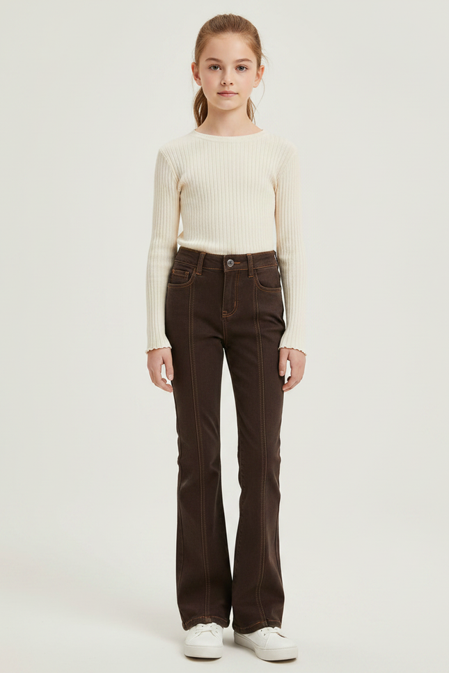 Pantalon Patte D'Éléphant Marron Évasé Taille Haute Élastique - Jean