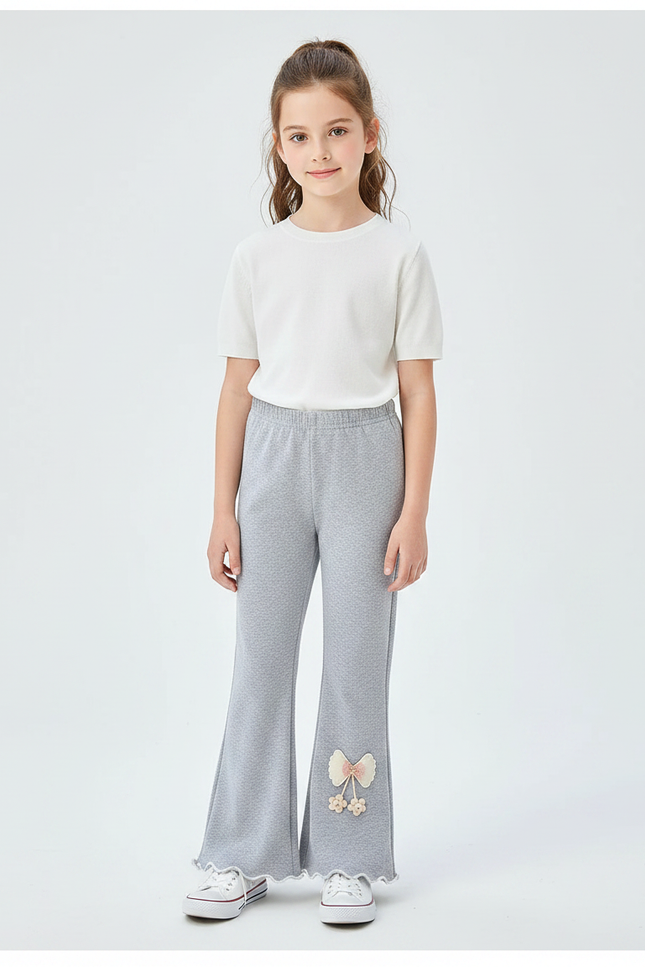 Pantalon Patte D'Éléphant Gris Évasé Ondulé Nœud Brodé Fille - Molleton