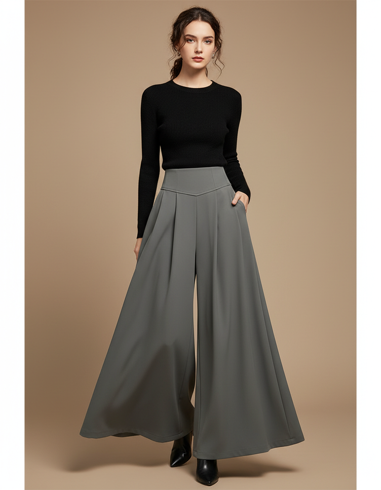Pantalon Femme Taille Haute Patte D Éléphant - Gris Polyester