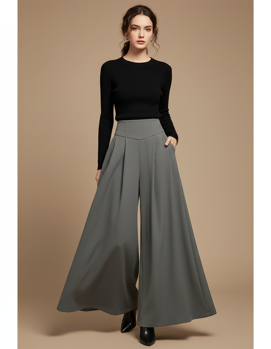 Pantalon Femme Taille Haute Patte D Éléphant - Gris Polyester