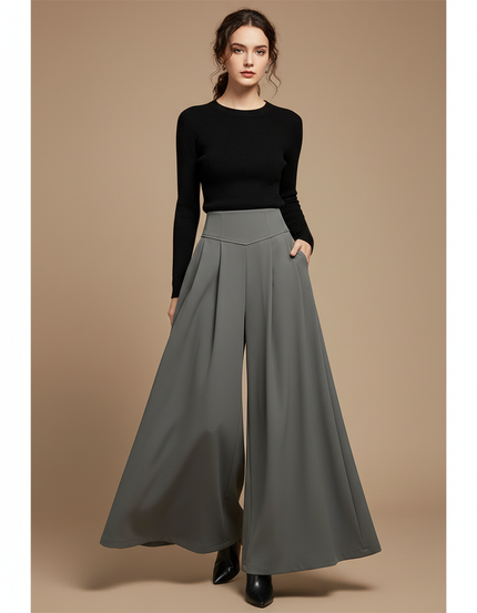 Pantalon Femme Taille Haute Patte D Éléphant - Gris Polyester