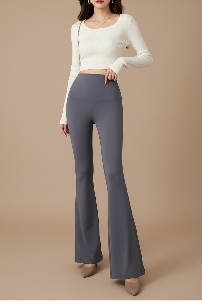 Pantalon Patte D'Éléphant Gris Taille Haute Fluide Confortable - Polyester