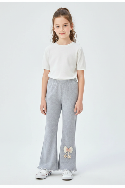 Pantalon Patte D'Éléphant Gris Évasé Ondulé Nœud Brodé Fille - Molleton