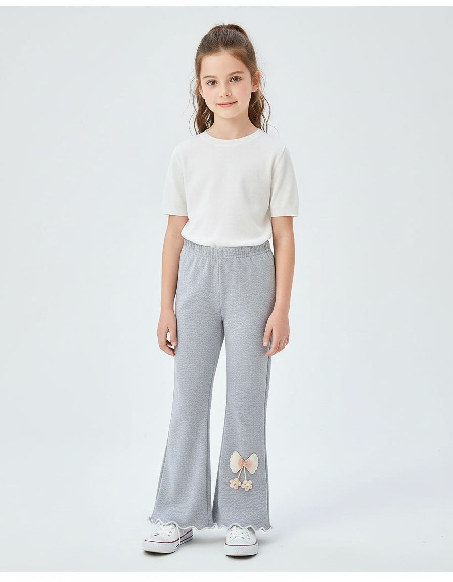 Pantalon Patte D'Éléphant Gris Évasé Ondulé Nœud Brodé Fille - Molleton