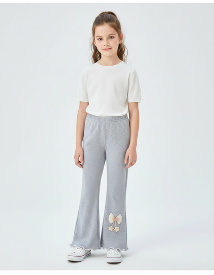 Pantalon Patte D'Éléphant Gris Évasé Ondulé Nœud Brodé Fille - Molleton