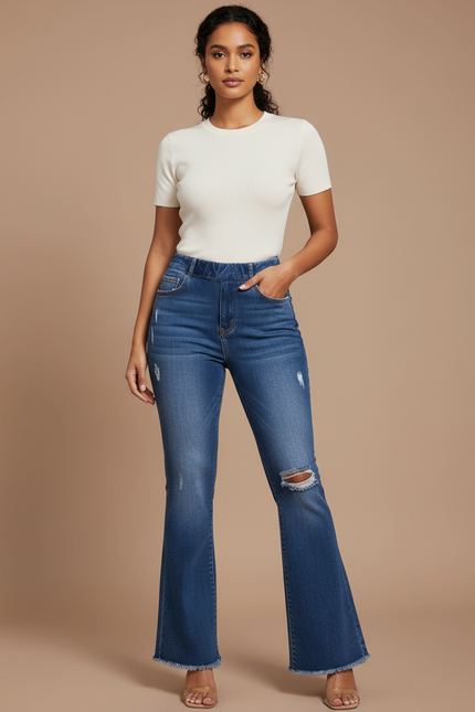 Pantalon Patte D'Éléphant Jean Bleu Délavé Déchiré Élastique
