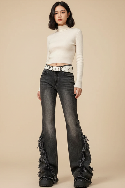 Pantalon Patte D'Éléphant Noir Délavé Effiloché Denim Y2K - Jean