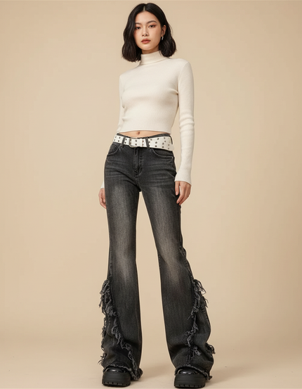 Pantalon Patte D'Éléphant Noir Délavé Effiloché Denim Y2K - Jean