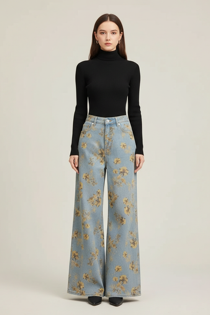 Pantalon Patte D'Éléphant Évasé Bleu Fleuri Vintage Taille Haute - Imprimé Jean