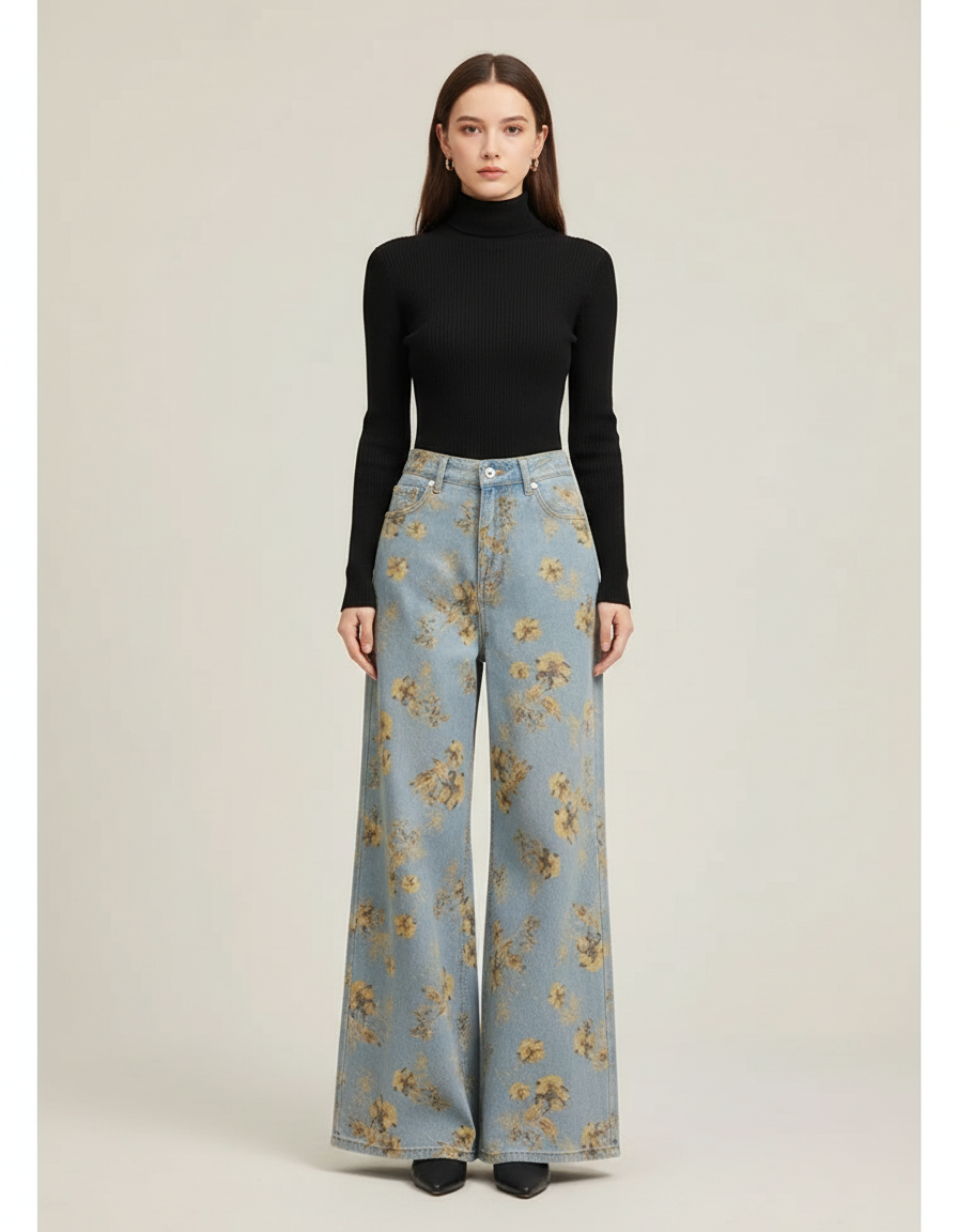 Pantalon Patte D'Éléphant Évasé Bleu Fleuri Vintage Taille Haute - Imprimé Jean