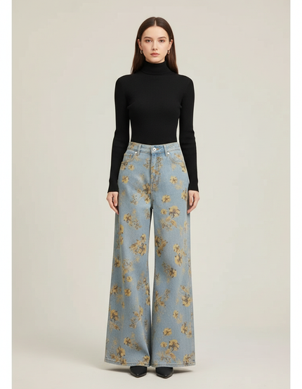 Pantalon Patte D'Éléphant Évasé Bleu Fleuri Vintage Taille Haute - Imprimé Jean