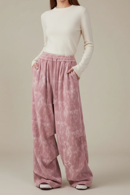 Pantalon Patte D'Éléphant Velours Côtelé Tie-Dye Rose Ample - Cordé