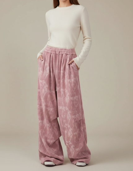 Pantalon Patte D'Éléphant Velours Côtelé Tie-Dye Rose Ample - Cordé