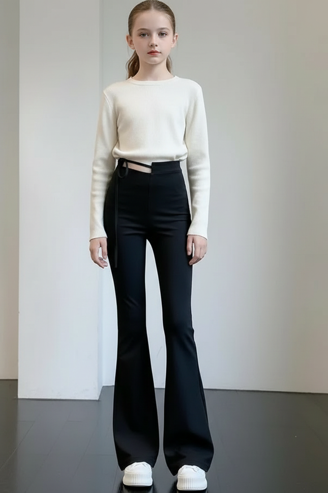 Pantalon Patte D'Éléphant Noir Taille Haute Évasé Fille - Polyester