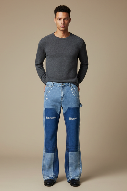 Pantalon Patte D'Éléphant Jean Bicolore Patchwork Évasé Peintures Homme - Multicolore