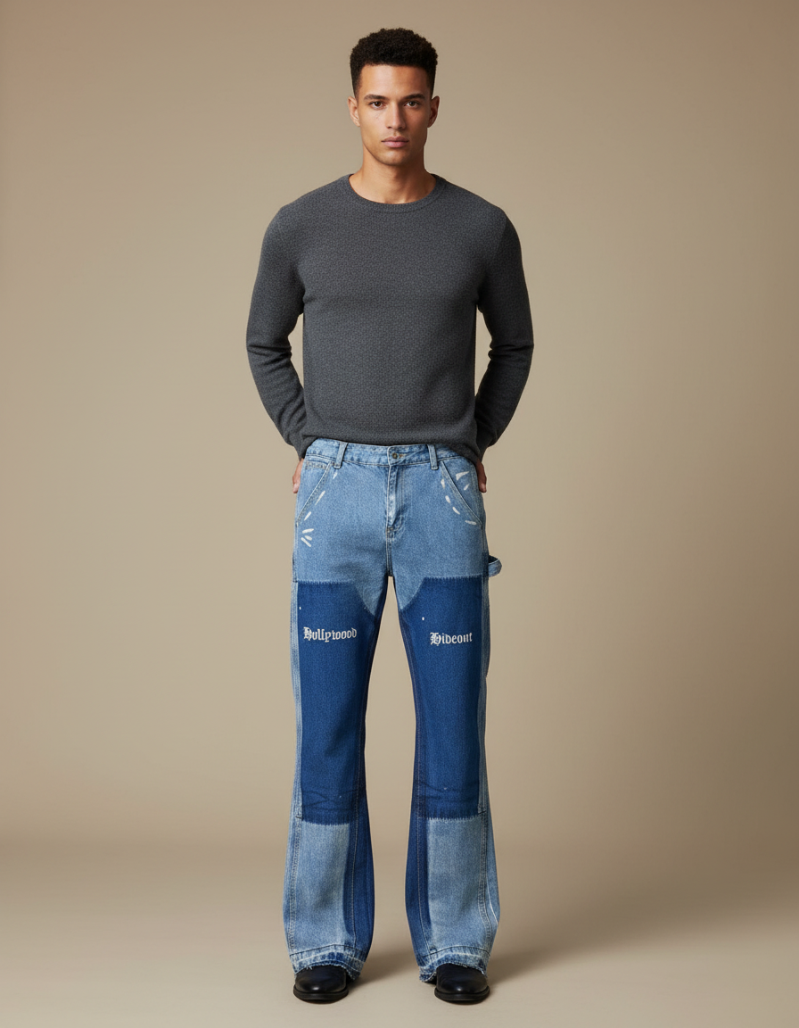 Pantalon Patte D'Éléphant Jean Bicolore Patchwork Évasé Peintures Homme - Multicolore
