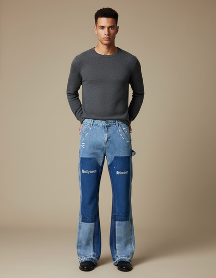 Pantalon Patte D'Éléphant Jean Bicolore Patchwork Évasé Peintures Homme - Multicolore