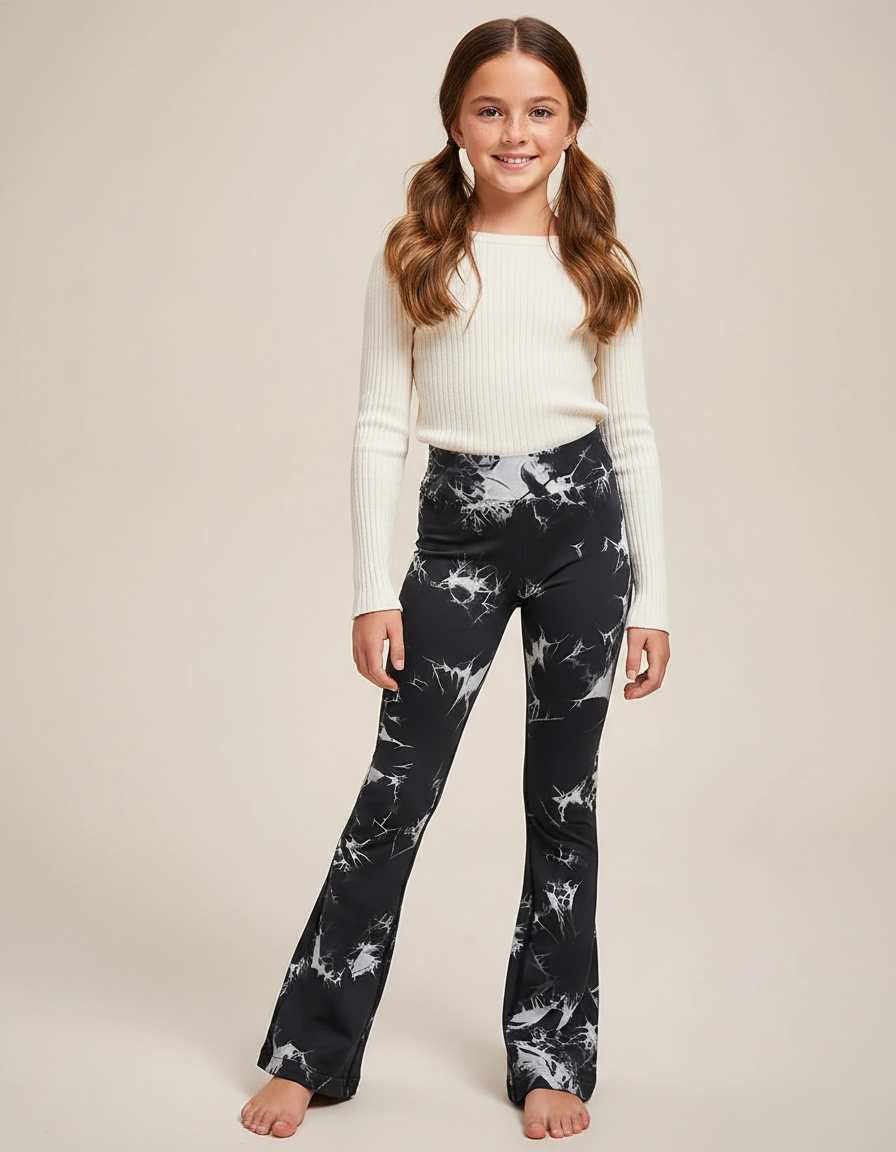 Pantalon Patte D'Éléphant Tie-Dye Noir Blanc Évasé Fille - Imprimé Polyester