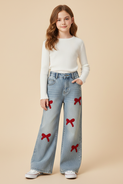 Pantalon Patte D'Éléphant Denim Large Nœuds Rouges Fille - Bleu Jean