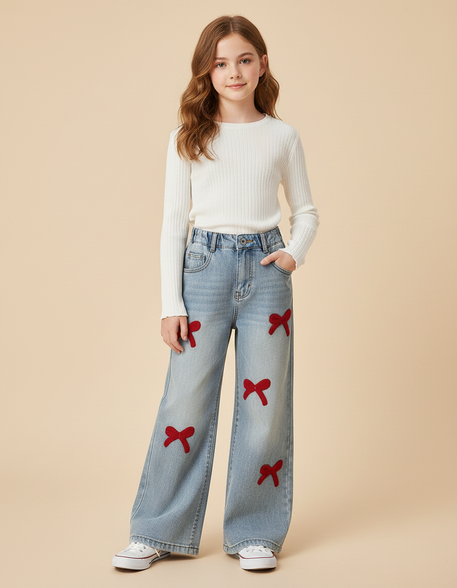 Pantalon Patte D'Éléphant Denim Large Nœuds Rouges Fille - Bleu Jean
