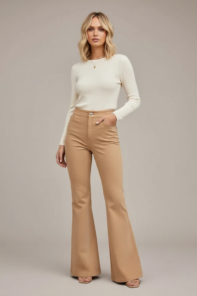 Pantalon Patte D'Éléphant Beige Taille Haute Boutons Évasé Élégant - Gabardine