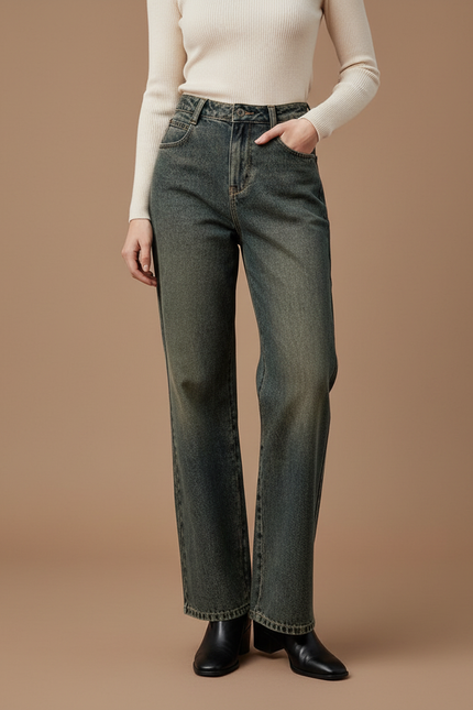 Pantalon Patte D'Éléphant Jean Délavé Taille Haute Large - Kaki