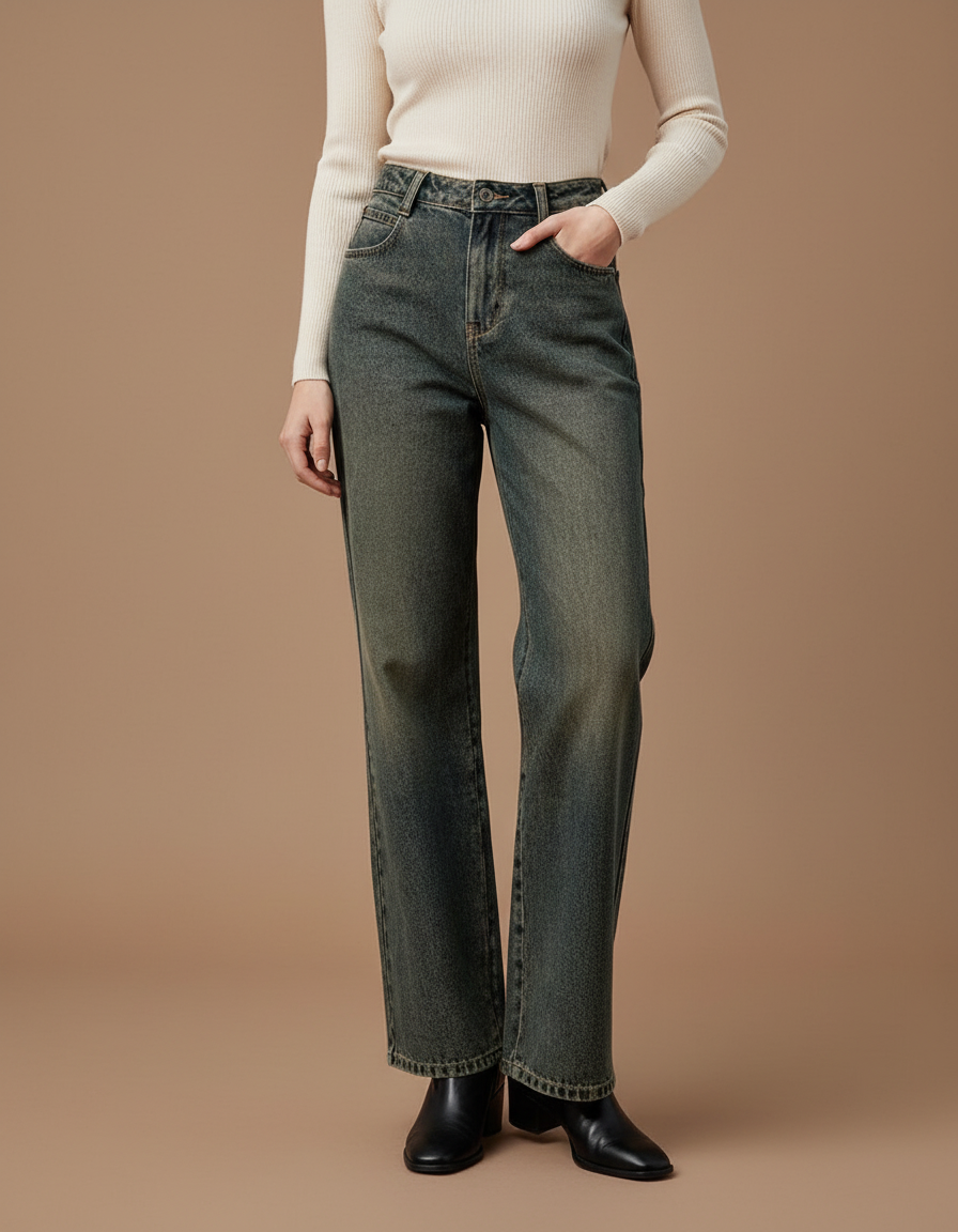 Pantalon Patte D'Éléphant Jean Délavé Taille Haute Large - Kaki