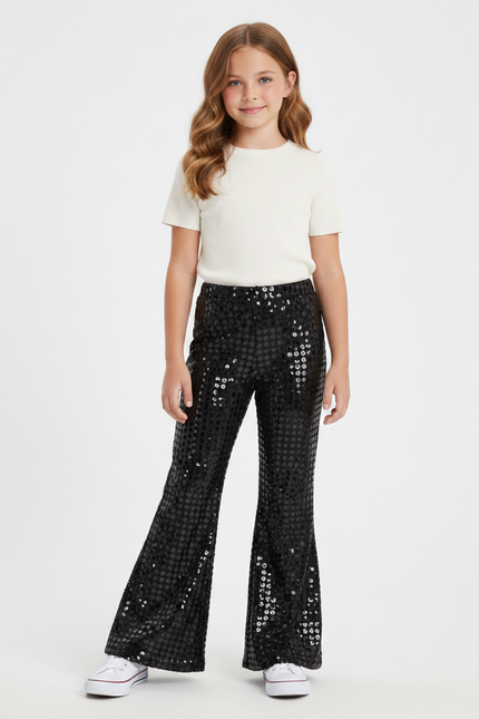 Pantalon Patte D'Éléphant Noir Paillettes Évasé Brillant Fille - Polyester