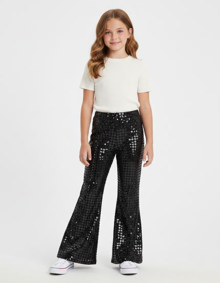 Pantalon Patte D'Éléphant Noir Paillettes Évasé Brillant Fille - Polyester
