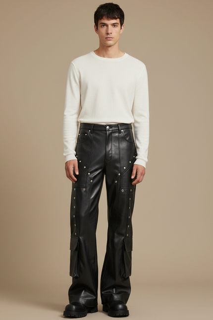 Pantalon Patte D'Éléphant En Cuir Noir Rivets Cargo