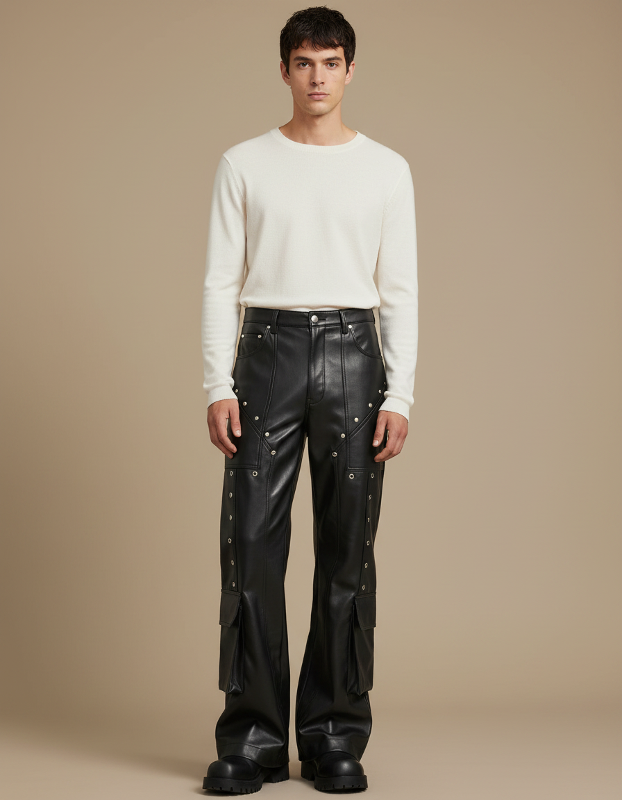 Pantalon Patte D'Éléphant En Cuir Noir Rivets Cargo
