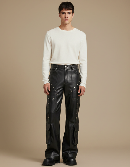 Pantalon Patte D'Éléphant En Cuir Noir Rivets Cargo