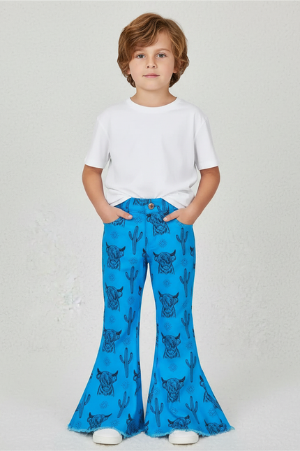 Pantalon Patte D'Éléphant Bleu Imprimé Cactus Bovin Décontracté Enfant - Polyester