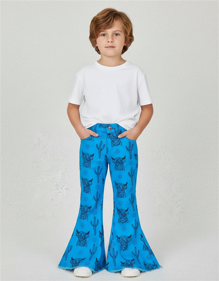 Pantalon Patte D'Éléphant Bleu Imprimé Cactus Bovin Décontracté Enfant - Polyester