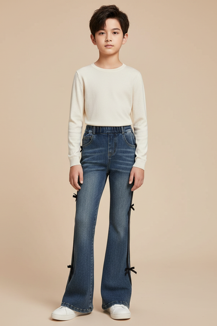 Pantalon Patte D'Éléphant Denim Bleu Nœuds Noirs Enfant - Jean